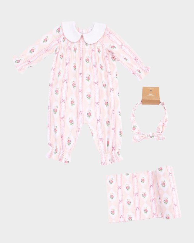 Girl's Ogee Lace Floral Smocked Romper, Headband & Blanket Set, Size 0M-24